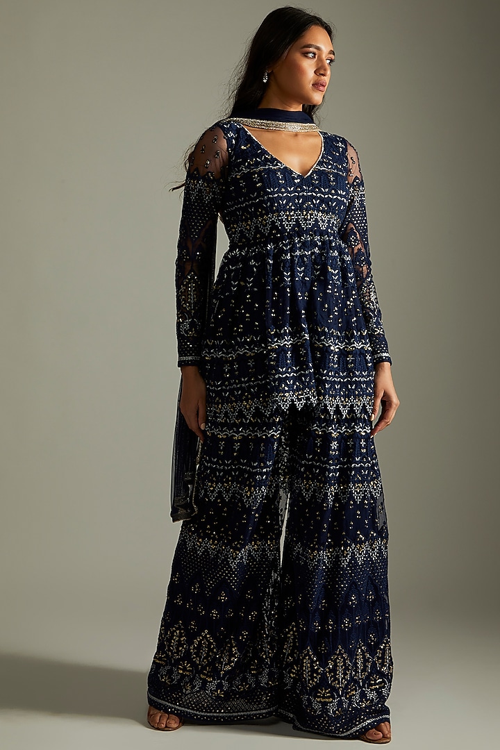 Midnight Blue Net Thread Embroidered Kurta Set For Girls by Starflower by Renee Label at Pernia's Pop Up Shop