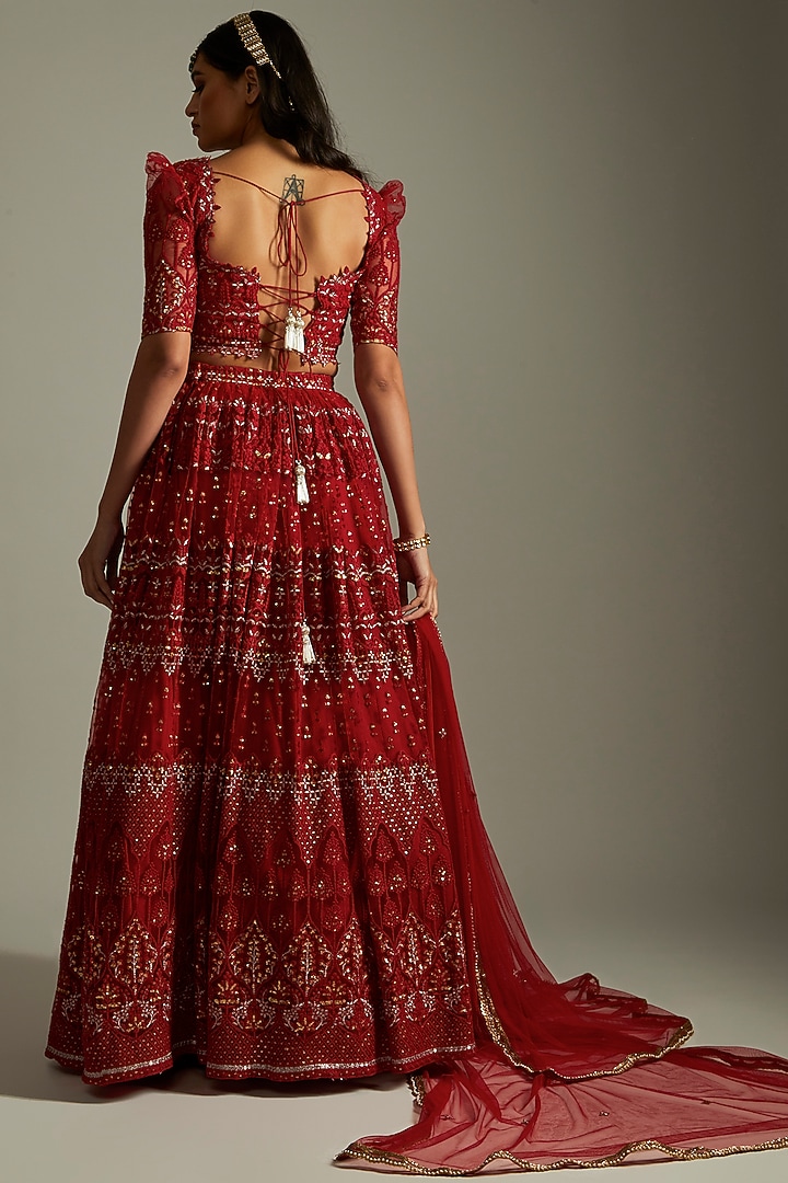 Ruby Red Net Thread Embroidered Lehenga Set For Girls by Starflower by Renee Label at Pernia's Pop Up Shop