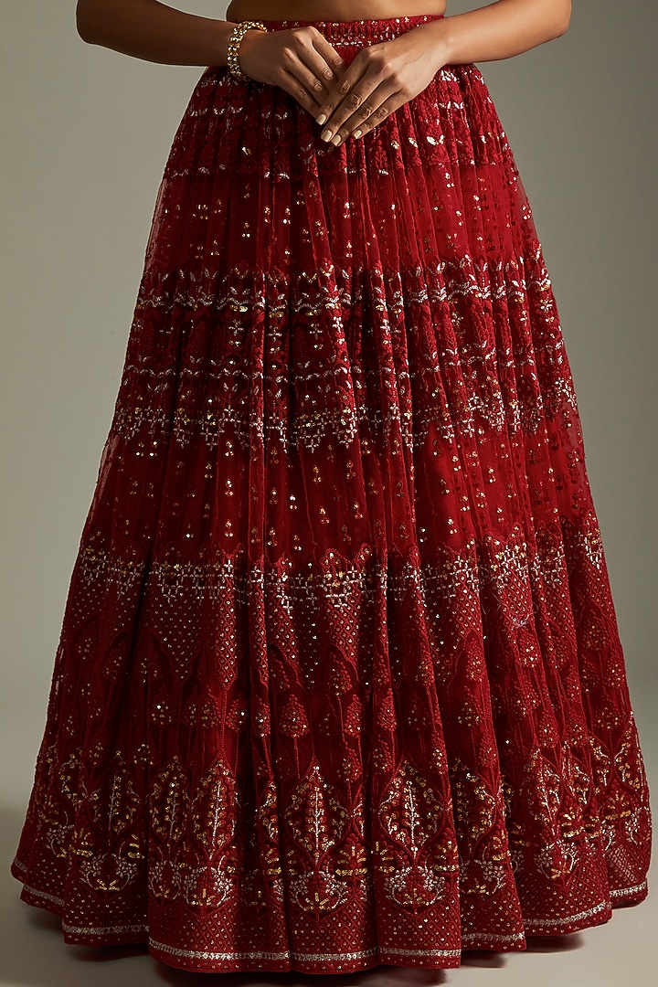 Ruby Red Net Thread Embroidered Lehenga Set For Girls by Starflower by Renee Label at Pernia's Pop Up Shop