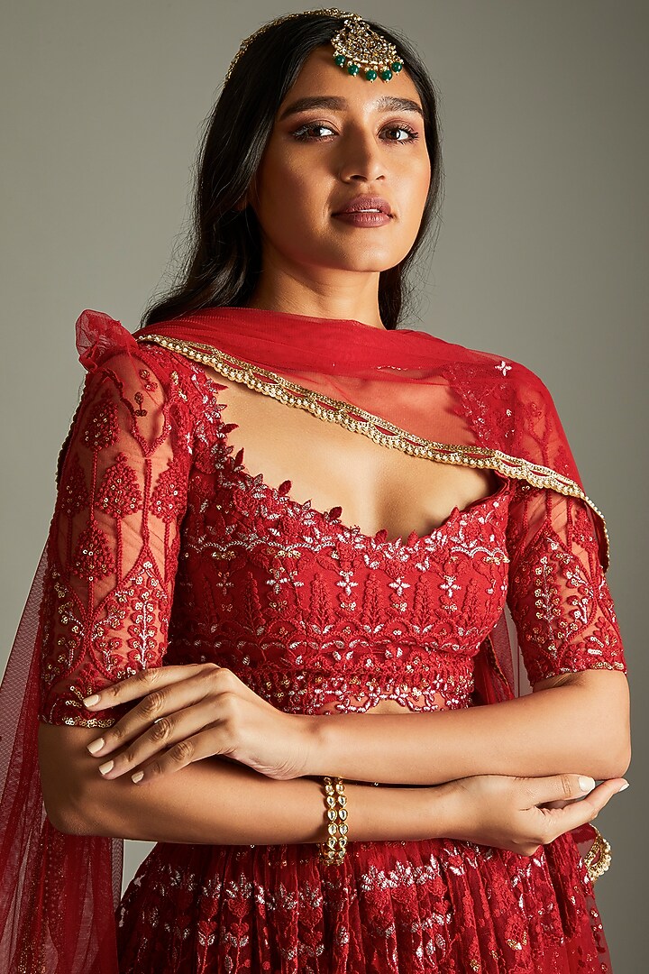 Ruby Red Net Thread Embroidered Lehenga Set For Girls by Starflower by Renee Label at Pernia's Pop Up Shop
