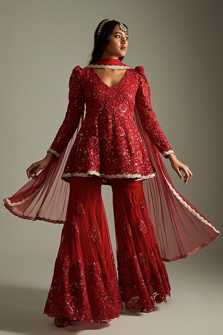 Ruby Red Net Floral Embroidered Gharara Set For Girls by Starflower by Renee Label at Pernia's Pop Up Shop