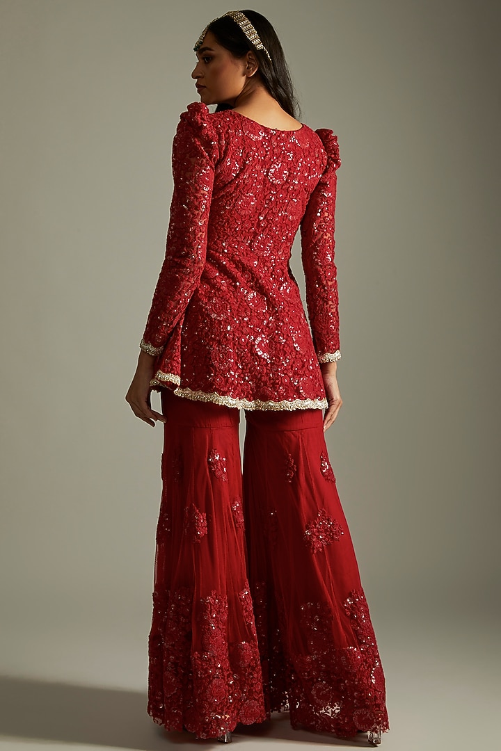 Ruby Red Net Floral Embroidered Gharara Set For Girls by Starflower by Renee Label at Pernia's Pop Up Shop