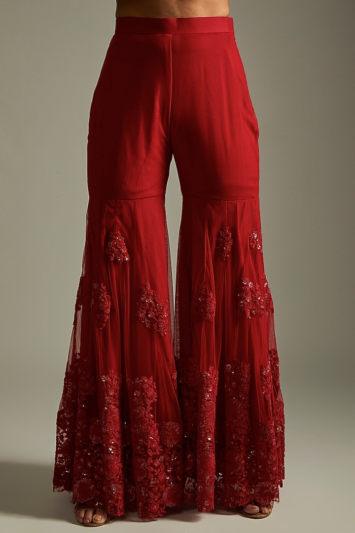 Ruby Red Net Floral Embroidered Gharara Set For Girls by Starflower by Renee Label at Pernia's Pop Up Shop