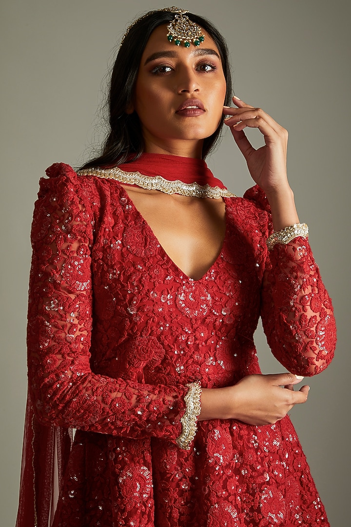 Ruby Red Net Floral Embroidered Gharara Set For Girls by Starflower by Renee Label at Pernia's Pop Up Shop