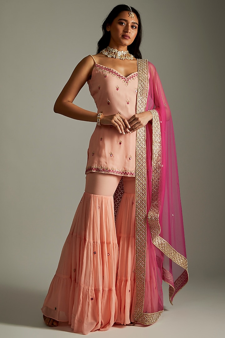 Peach Viscose Georgette Tiered Gharara Set For Girls by Starflower by Renee Label at Pernia's Pop Up Shop