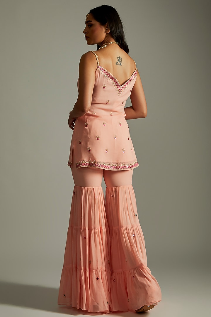 Peach Viscose Georgette Tiered Gharara Set For Girls by Starflower by Renee Label at Pernia's Pop Up Shop