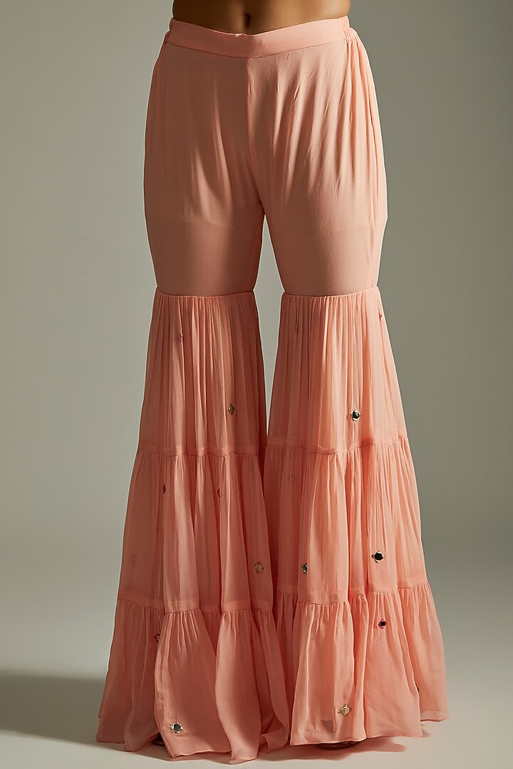 Peach Viscose Georgette Tiered Gharara Set For Girls by Starflower by Renee Label at Pernia's Pop Up Shop