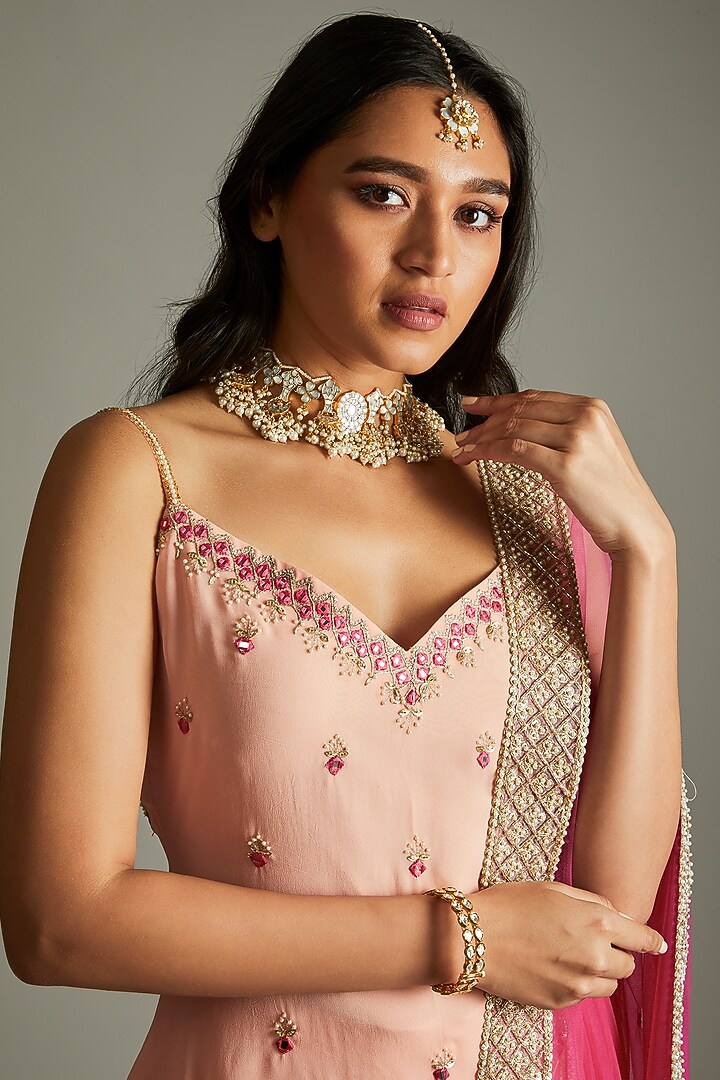 Peach Viscose Georgette Tiered Gharara Set For Girls by Starflower by Renee Label at Pernia's Pop Up Shop