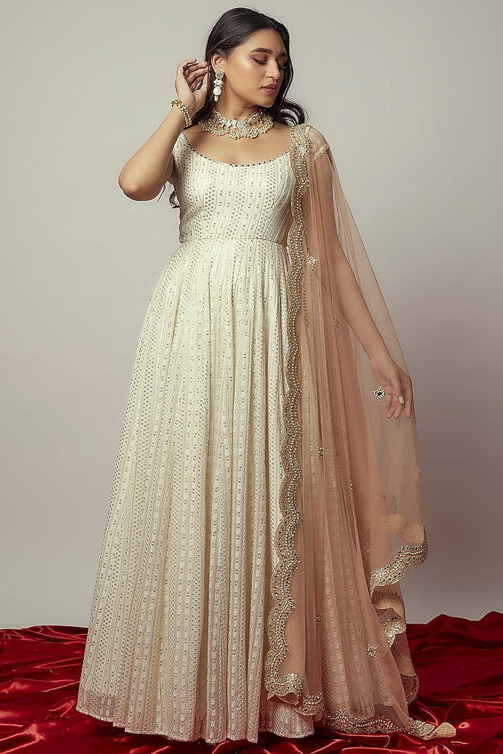 Porcelain Viscose Georgette Thread Embroidered Anarkali Set by Starflower by Renee Label at Pernia's Pop Up Shop