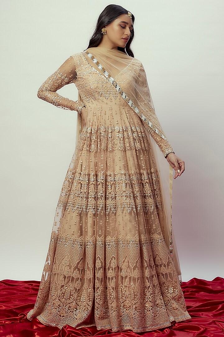 Rose Gold Net Dori Embroidered Anarkali Set by Starflower by Renee Label at Pernia's Pop Up Shop