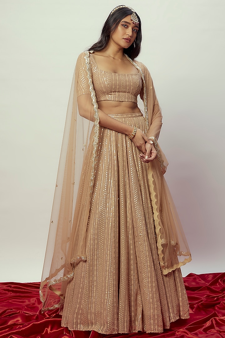 Rose Gold Viscose Georgette Sequins Embroidered Lehenga Set For Girls by Starflower by Renee Label at Pernia's Pop Up Shop