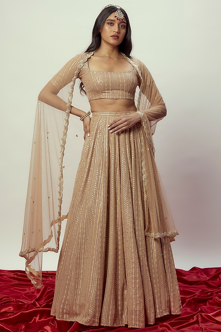 Rose Gold Viscose Georgette Sequins Embroidered Lehenga Set For Girls by Starflower by Renee Label at Pernia's Pop Up Shop