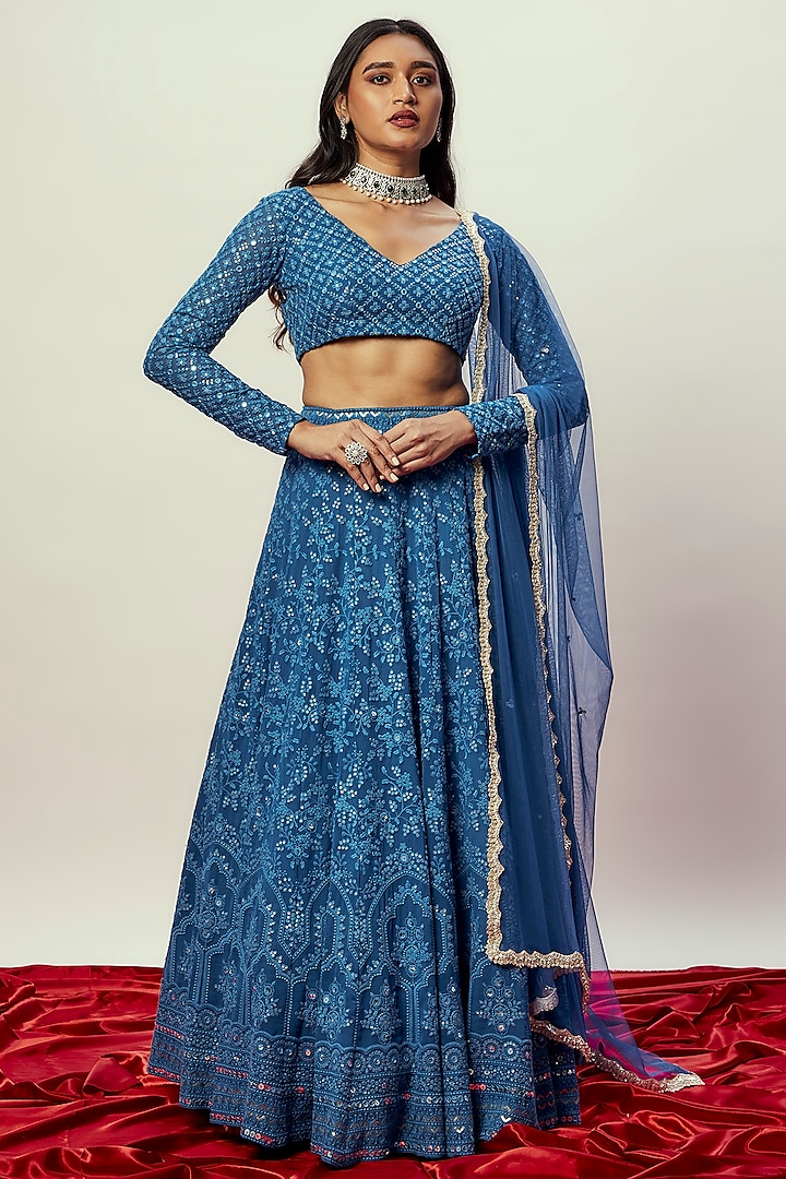 Cobalt Blue Viscose Georgette Thread Embellished Lehenga Set For Girls by Starflower by Renee Label at Pernia's Pop Up Shop