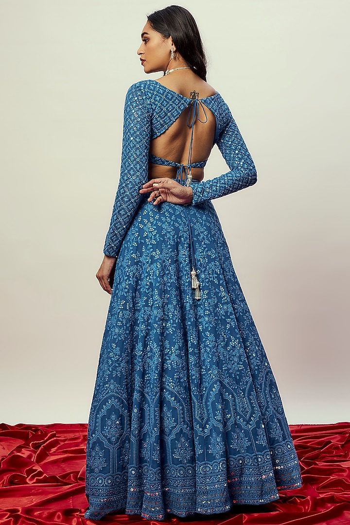 Cobalt Blue Viscose Georgette Thread Embellished Lehenga Set For Girls by Starflower by Renee Label at Pernia's Pop Up Shop