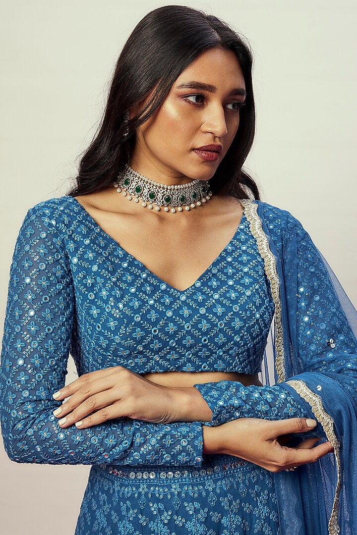 Cobalt Blue Viscose Georgette Thread Embellished Lehenga Set For Girls by Starflower by Renee Label at Pernia's Pop Up Shop