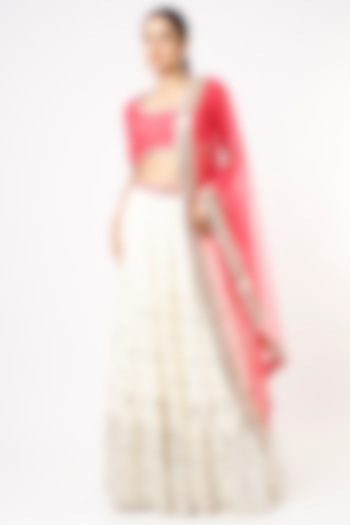 Ivory Viscose Georgette Gota Embroidered Lehenga Set For Girls by Starflower by Renee Label