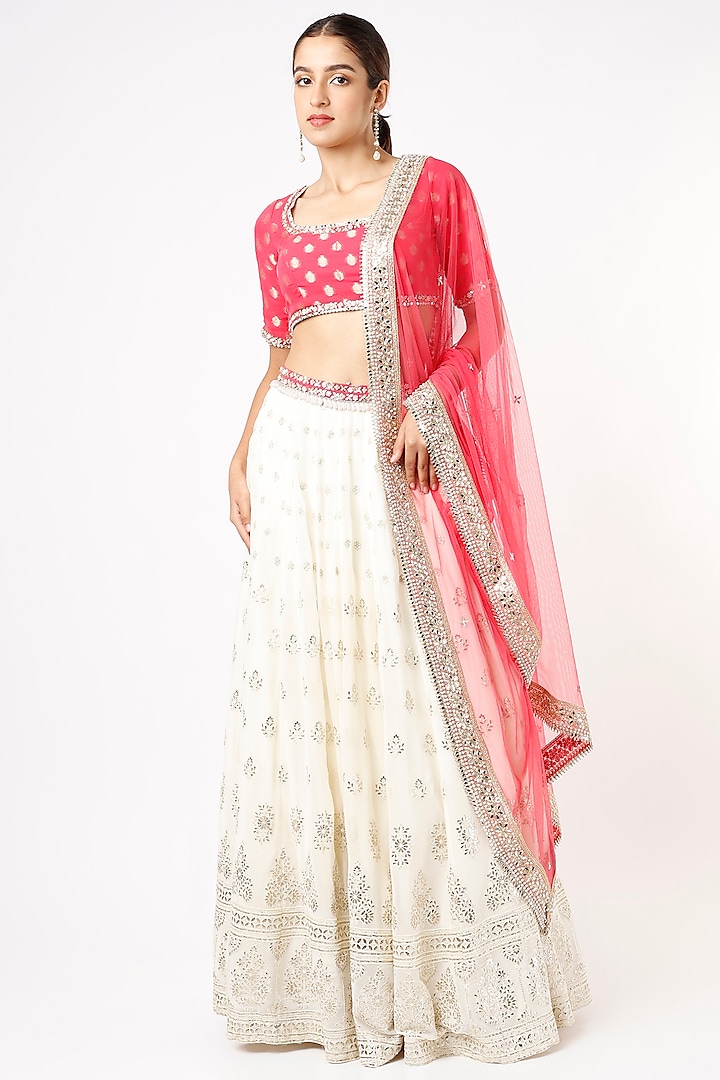 Ivory Viscose Georgette Gota Embroidered Lehenga Set For Girls by Starflower by Renee Label