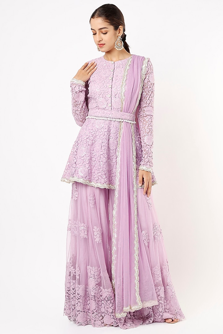 Lilac Net Thread Embroidered Sharara Set For Girls by Starflower by Renee Label