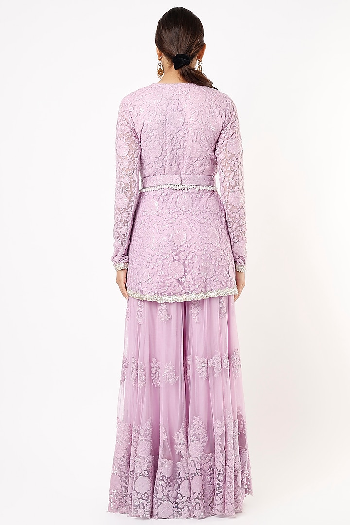 Lilac Net Thread Embroidered Sharara Set For Girls by Starflower by Renee Label at Pernia's Pop Up Shop