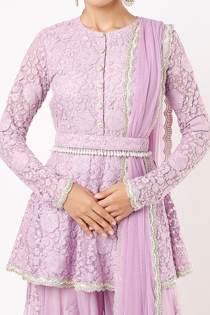 Lilac Net Thread Embroidered Sharara Set For Girls by Starflower by Renee Label at Pernia's Pop Up Shop