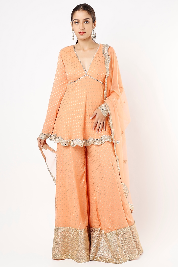 Tangerine Viscose Georgette Mirror Embroidered Banarasi Sharara Set For Girls by Starflower by Renee Label