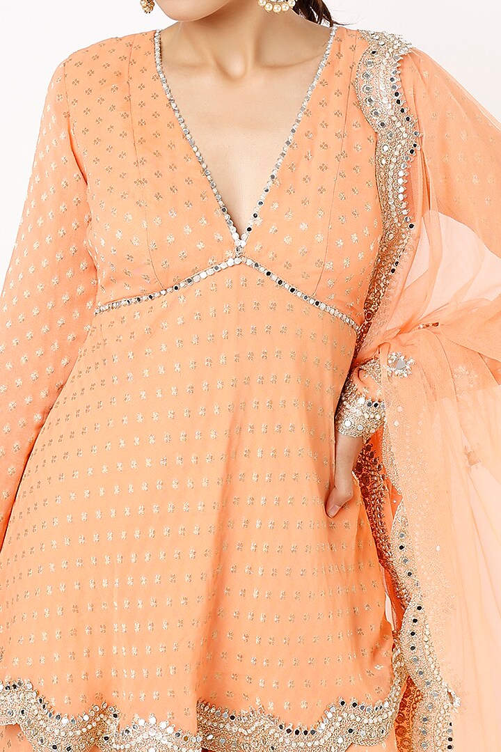 Tangerine Viscose Georgette Mirror Embroidered Banarasi Sharara Set For Girls by Starflower by Renee Label at Pernia's Pop Up Shop