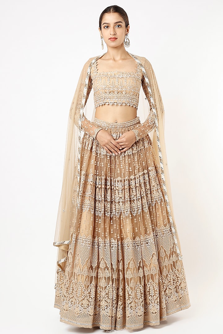 Champagne Gold Net Dori Embroidered Lehenga Set For Girls by Starflower by Renee Label