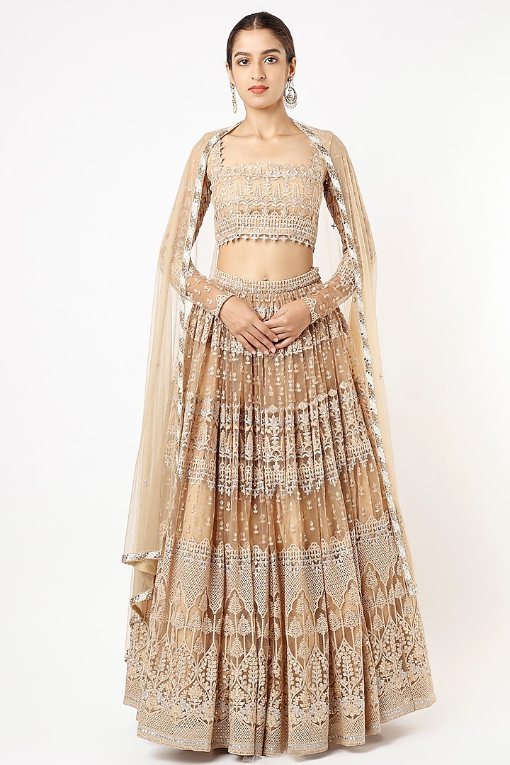 Champagne Gold Net Dori Embroidered Lehenga Set For Girls by Starflower by Renee Label at Pernia's Pop Up Shop