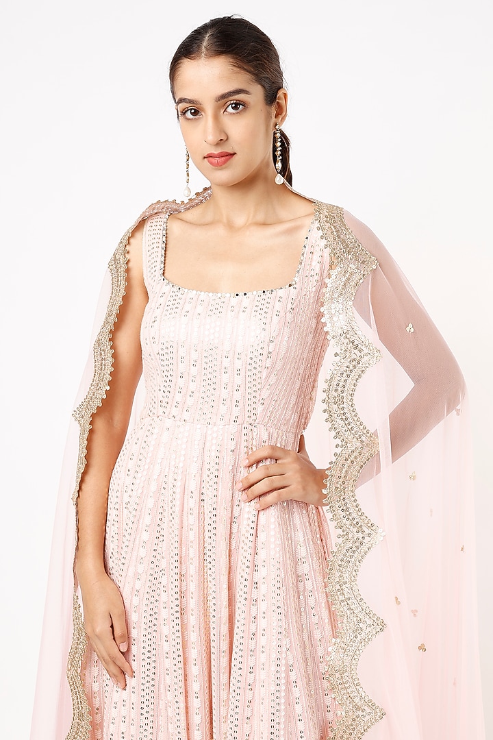 Champagne Blush Viscose Georgette Thread Embroidered Anarkali Set For Girls by Starflower by Renee Label at Pernia's Pop Up Shop