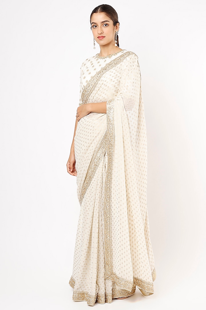 Ivory Viscose Georgette Embroidered Banarasi Saree Set For Girls by Starflower by Renee Label