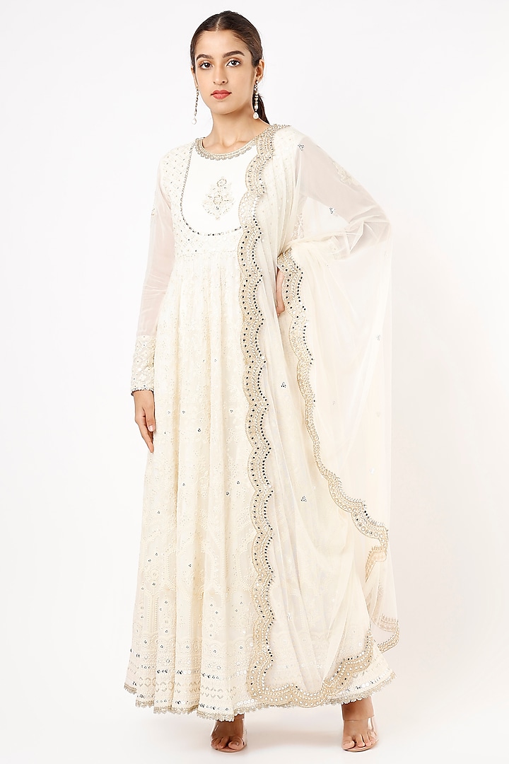 Ivory Viscose Georgette Mirror Embroidered Anarkali Set For Girls by Starflower by Renee Label