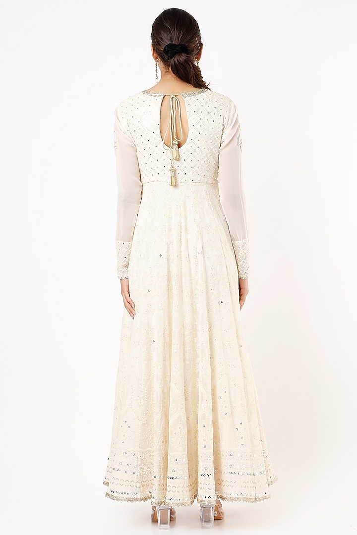 Ivory Viscose Georgette Mirror Embroidered Anarkali Set For Girls by Starflower by Renee Label at Pernia's Pop Up Shop