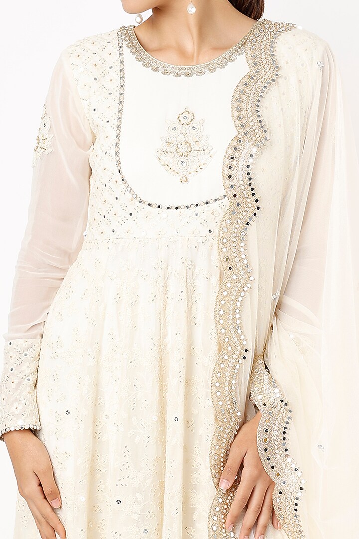 Ivory Viscose Georgette Mirror Embroidered Anarkali Set For Girls by Starflower by Renee Label at Pernia's Pop Up Shop