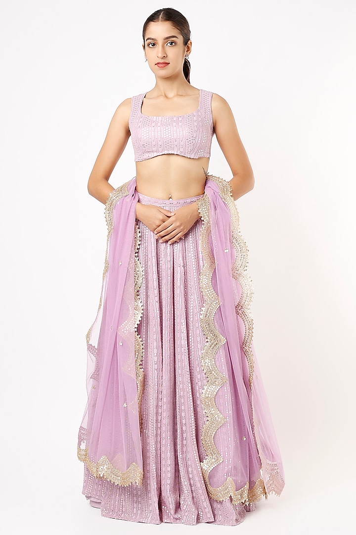 Lilac Viscose Georgette Sequins Embroidered Lehenga Set For Girls by Starflower by Renee Label