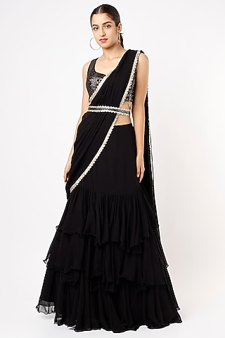 Midnight Black Viscose Georgette Ruffled Lehenga Saree Set For Girls by Starflower by Renee Label
