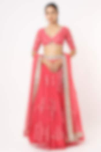 Raspberry Pink Net Mirror Embroidered Lehenga Set For Girls by Starflower by Renee Label