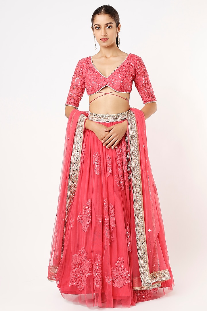 Raspberry Pink Net Mirror Embroidered Lehenga Set For Girls by Starflower by Renee Label
