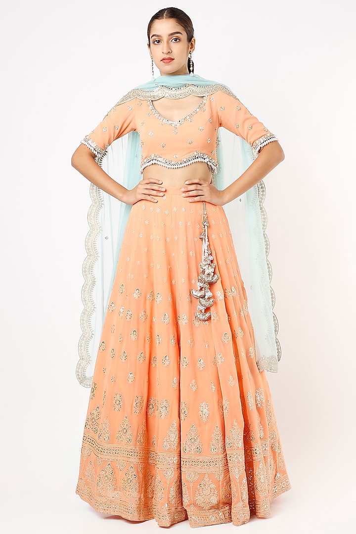 Tangerine Viscose Georgette Sequins Embroidered Lehenga Set For Girls by Starflower by Renee Label