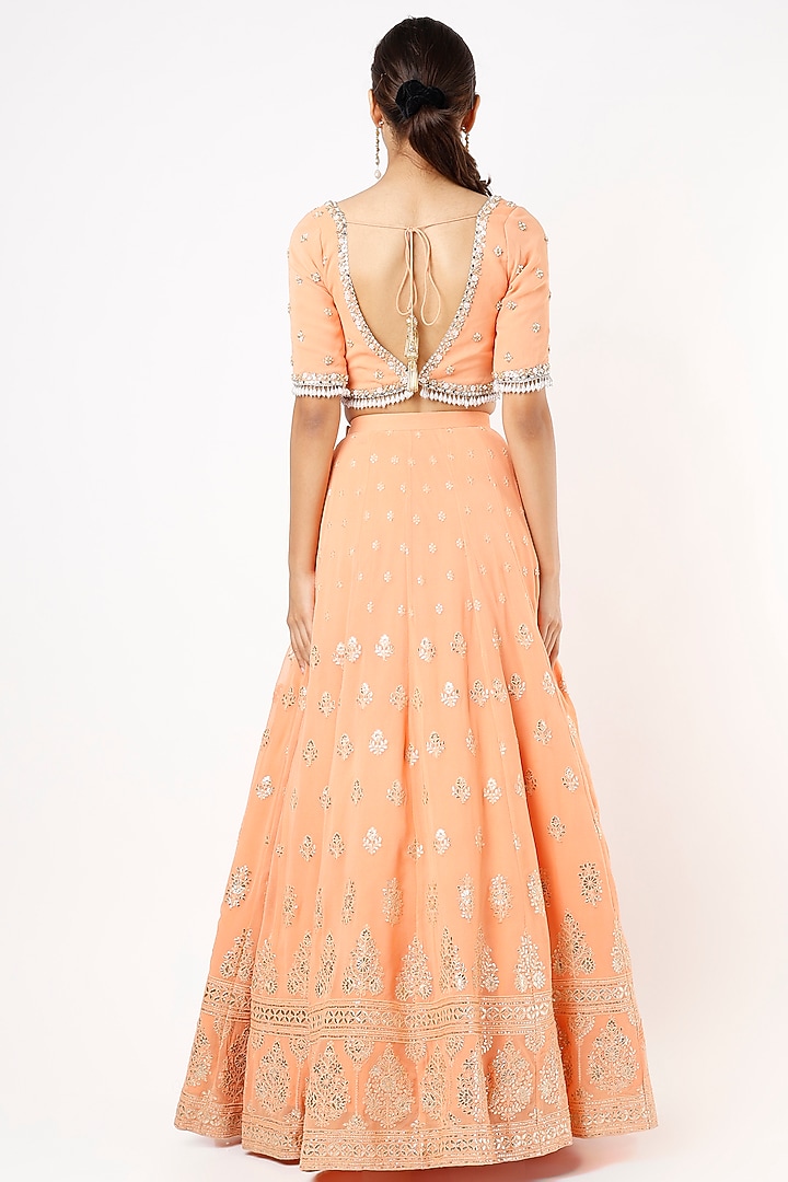 Tangerine Viscose Georgette Sequins Embroidered Lehenga Set For Girls by Starflower by Renee Label at Pernia's Pop Up Shop