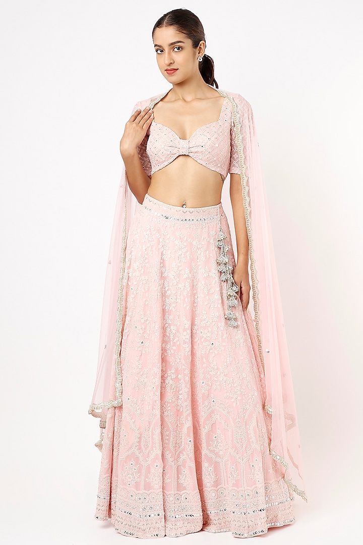 Blush Pink Viscose Georgette Thread Embroidered Lehenga Set For Girls by Starflower by Renee Label