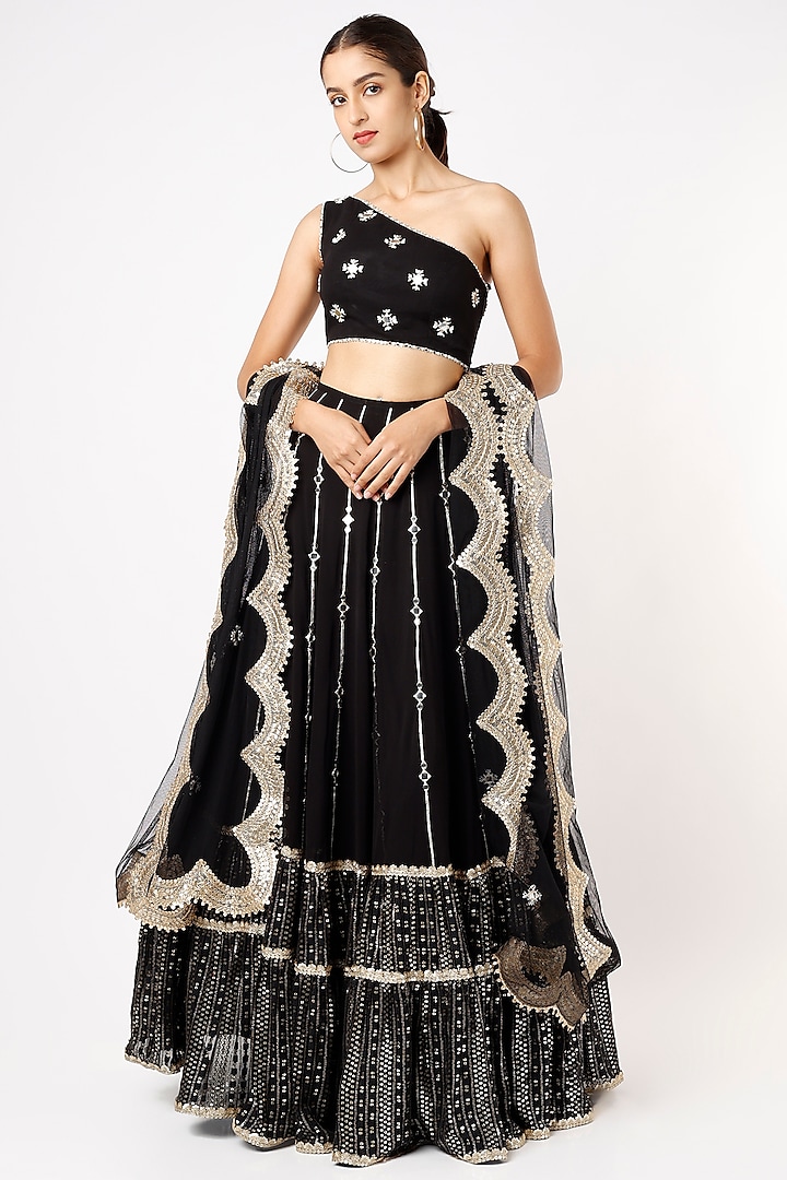 Midnight Black Viscose Georgette Thread Embroidered Lehenga Set For Girls by Starflower by Renee Label