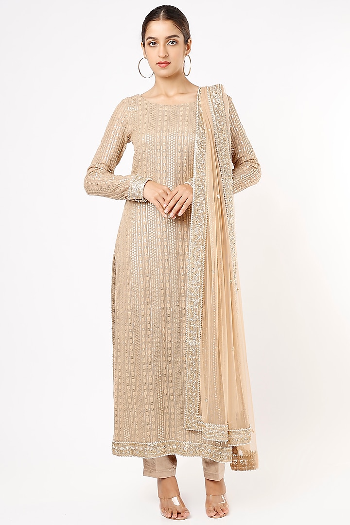Champagne Gold Viscose Georgette Thread Embroidered Kurta Set For Girls by Starflower by Renee Label