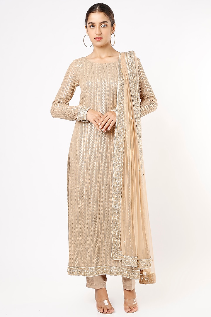 Champagne Gold Viscose Georgette Thread Embroidered Kurta Set For Girls by Starflower by Renee Label at Pernia's Pop Up Shop