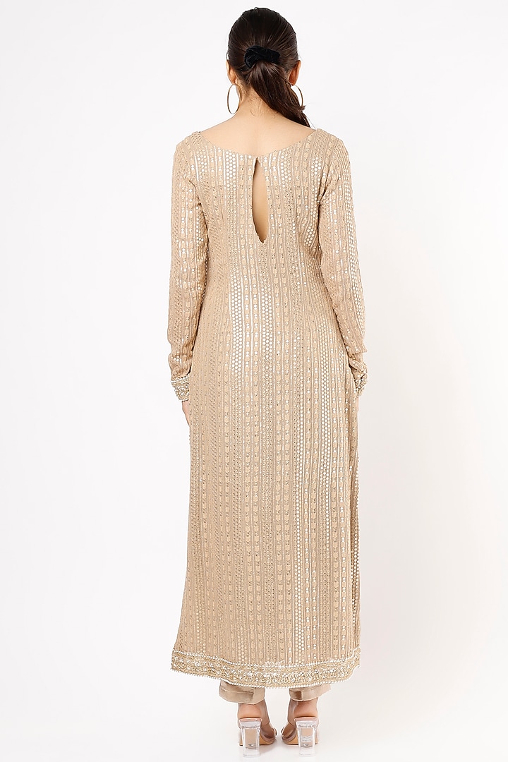Champagne Gold Viscose Georgette Thread Embroidered Kurta Set For Girls by Starflower by Renee Label at Pernia's Pop Up Shop