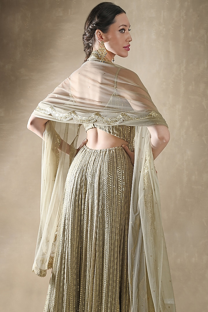 Champagne Gold Viscose Georgette Thread Embroidered Anarkali Set For Girls by Starflower by Renee Label at Pernia's Pop Up Shop