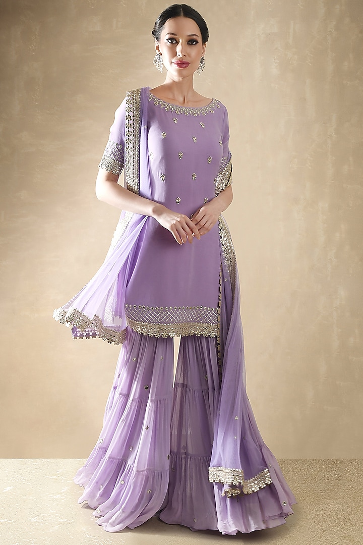 Lilac Viscose Georgette Mirror Embroidered Sharara Set For Girls by Starflower by Renee Label