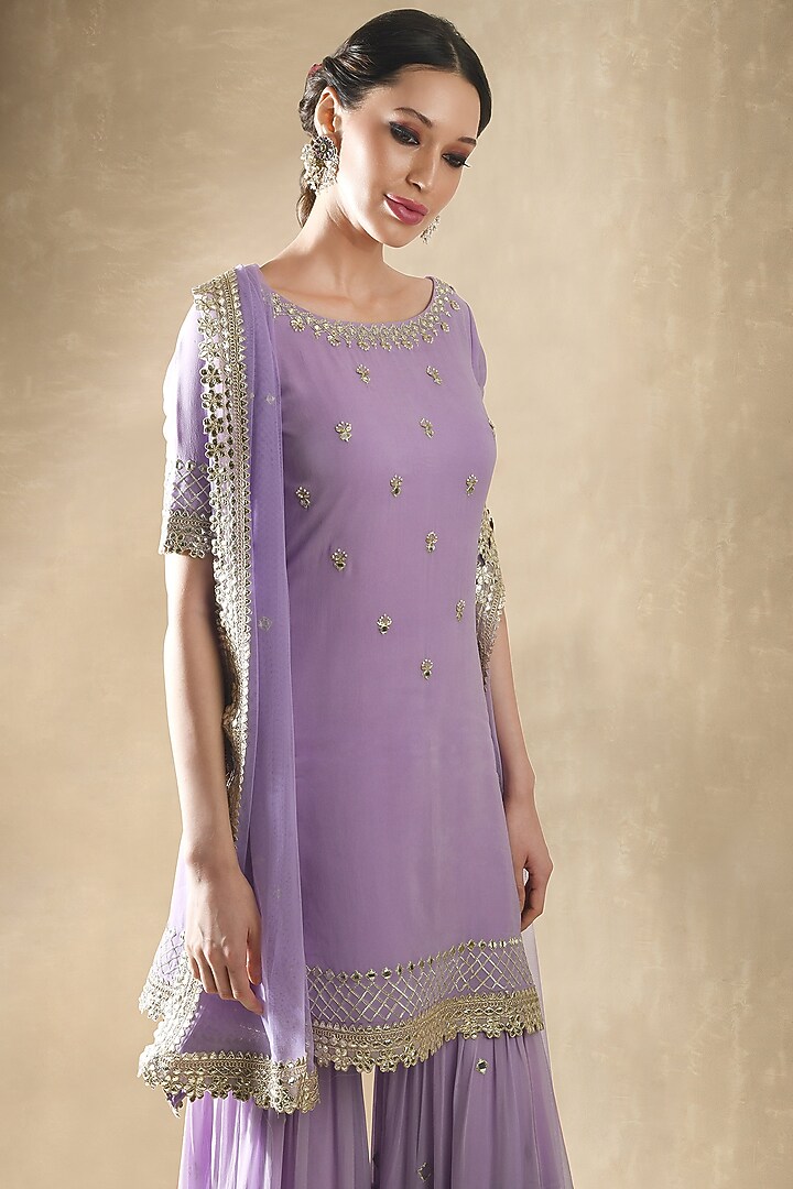 Lilac Viscose Georgette Mirror Embroidered Sharara Set For Girls by Starflower by Renee Label at Pernia's Pop Up Shop