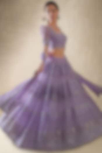 Lilac Swiss Net Thread Embroidered Lehenga Set For Girls by Starflower by Renee Label