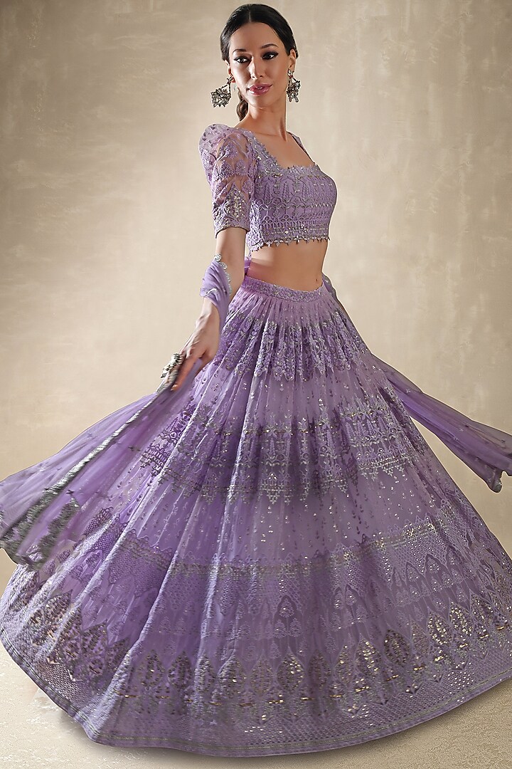 Lilac Swiss Net Thread Embroidered Lehenga Set For Girls by Starflower by Renee Label at Pernia's Pop Up Shop