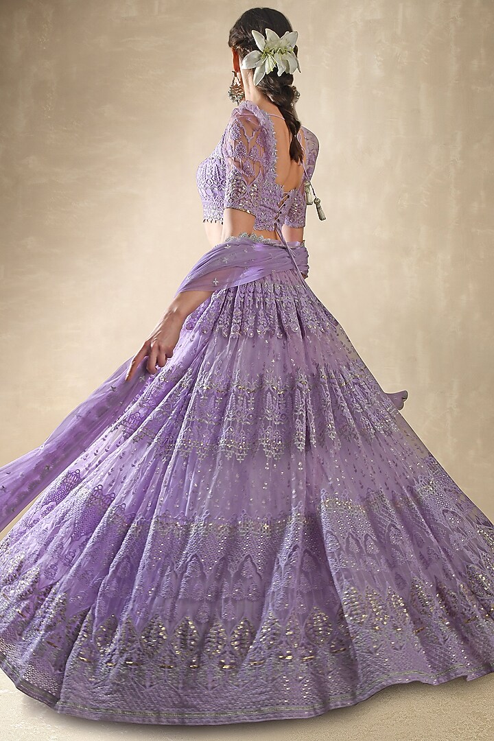 Lilac Swiss Net Thread Embroidered Lehenga Set For Girls by Starflower by Renee Label at Pernia's Pop Up Shop